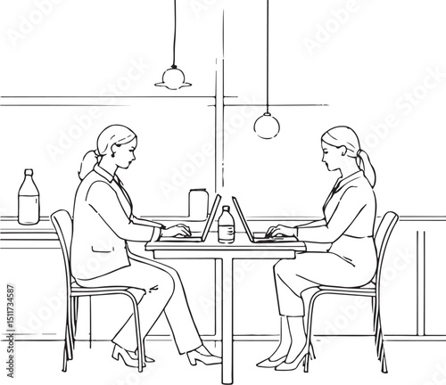 Young couple sitting with laptop at a cafe table, illustrating people working or having a business interview