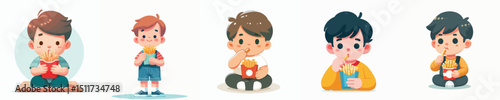 vector of a little boy eating french fries