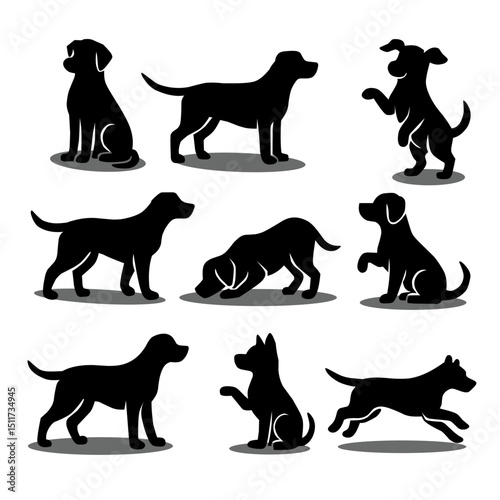 A collection of eight black dog silhouettes in various playful and expressive poses