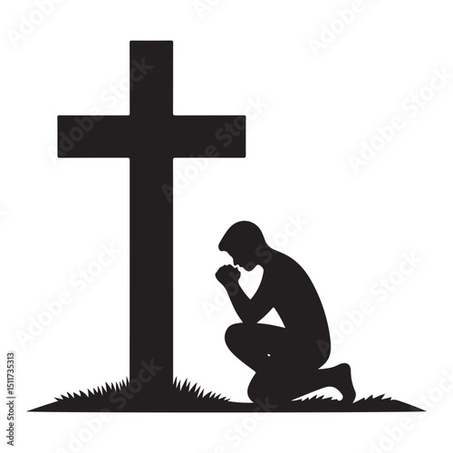 Praying Man Silhouette at Cross Religious Christian Belief Illustration