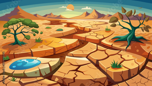 Dry, ground and drought as top view in natural disaster for climate change with cracks, soil or mud. Surface, sand and texture of environment as summer heatwave in Texas, patterns or global warming