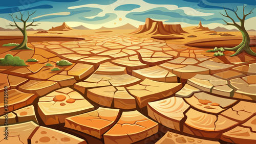 Dry, ground and drought as top view in natural disaster for climate change with cracks, soil or mud. Surface, sand and texture of environment as summer heatwave in Texas, patterns or global warming