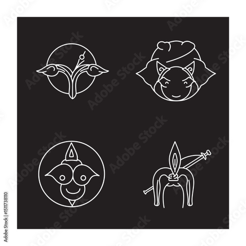 Collection of four white line art silhouettes with symbolic and mystical designs on black
