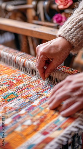 Weaving loom in action, artisan's hands expertly crafting a traditional textile, patterns of culture and history