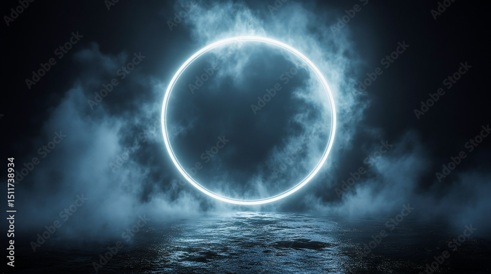 White magical geometric circle neon portal shrouded in light smoke. Round glowing frame White magical geometric circle neon portal shrouded in light smoke. Round glowing frame