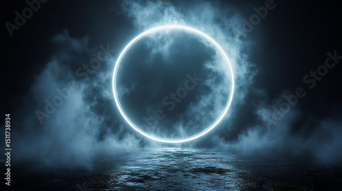 White magical geometric circle neon portal shrouded in light smoke. Round glowing frame