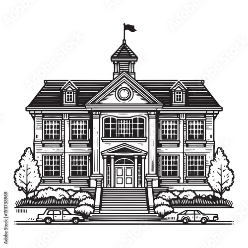 Classic school building vector illustration with cars parked in front