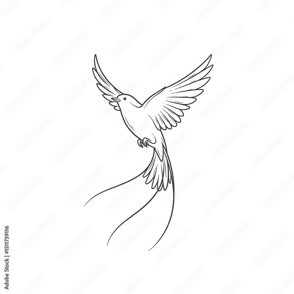 Naklejka premium Soaring Dove with Line Art, and White BG.
