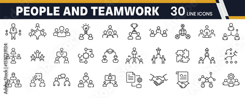 People and teamwork outline icons showing collaboration, leadership, unity, and group activities