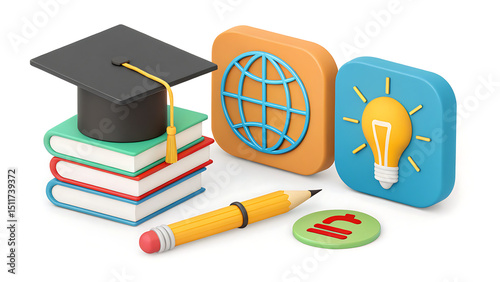 School, science and education icons. Microscope, atom, virus, test tube, books, brain, light bulb, graduation cap 3d render vector set
