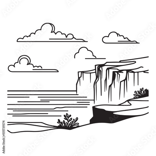 Cliffside Vista Line Art Scenic Seascape Vector Illustration