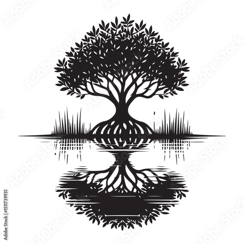 Single Tree Silhouette Reflection in Water Vector Illustration Artwork