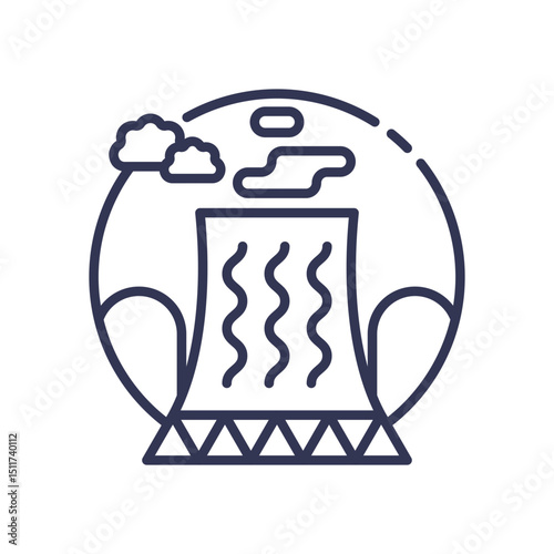 Line art of a cooling tower with clouds, symbolizing industrial containment and infrastructure.