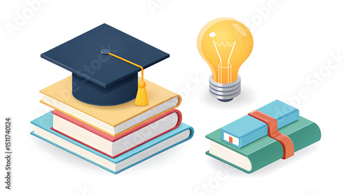 School, science and education icons. Microscope, atom, virus, test tube, books, brain, light bulb, graduation cap 3d render vector set