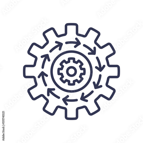 Interlocking gears with arrows symbolize continuous process and system automation.