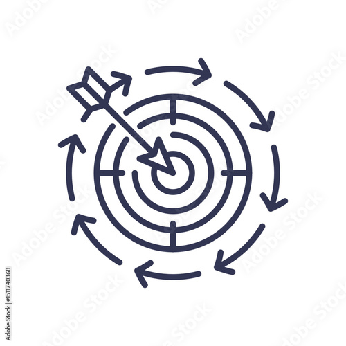 Arrow hitting target surrounded by circular arrows, symbolizing persistent engagement.