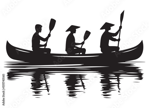 Silhouette Illustration of People in Canoe Paddling on Water Vector