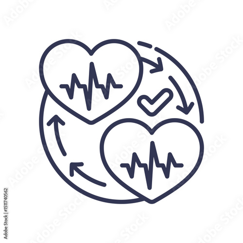 Two hearts with ECG lines and arrows symbolize health monitoring and universal access to healthcare.