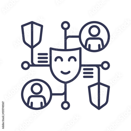 Illustration of interconnected shields and faces symbolizing identity and reputation management.