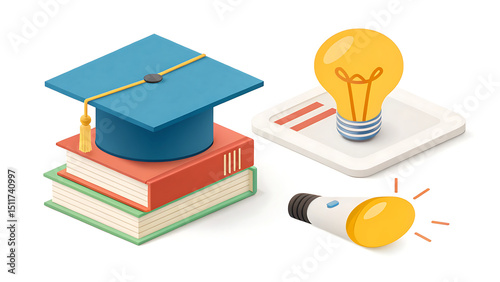 School, science and education icons. Microscope, atom, virus, test tube, books, brain, light bulb, graduation cap 3d render vector set