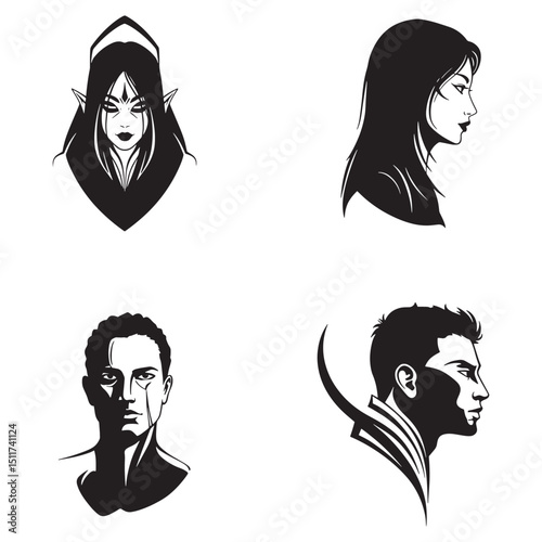 Elegant black and white silhouette portraits featuring fantasy characters and modern profiles