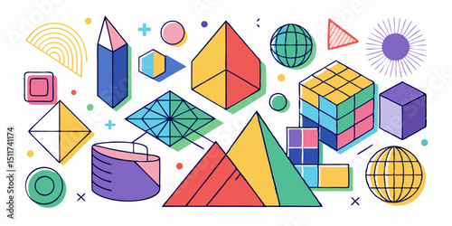 Colorful Crayon Sketch Geometric Shapes – Vector Illustration