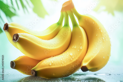 Fresh Bunch of Bananas with Water Droplets