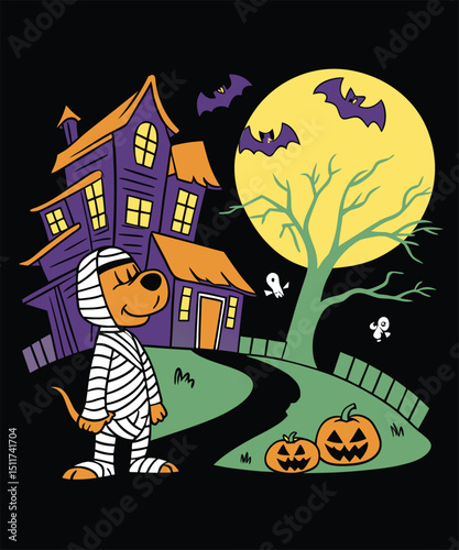Cartoon Dog Mummy at Haunted House on Halloween Night Illustration