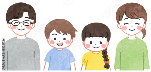 笑顔で並ぶ若い家族・親子のイラスト
