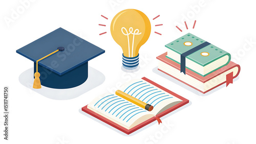 School, science and education icons. Microscope, atom, virus, test tube, books, brain, light bulb, graduation cap 3d render vector set