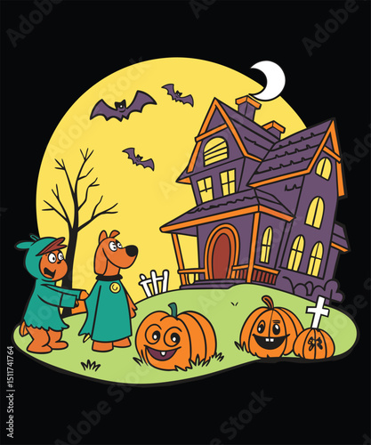 Cartoon Halloween Scene with Haunted House Pumpkins Bats and Characters