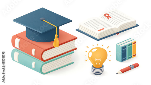 School, science and education icons. Microscope, atom, virus, test tube, books, brain, light bulb, graduation cap 3d render vector set
