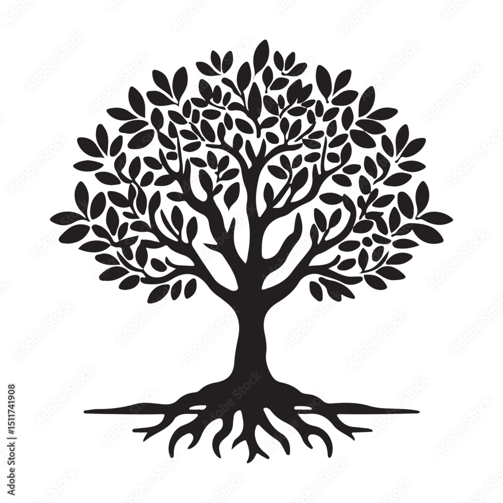 Obraz premium Magnificent Silhouette Tree Vector Illustration with Intricate Root System