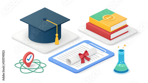 School, science and education icons. Microscope, atom, virus, test tube, books, brain, light bulb, graduation cap 3d render vector set