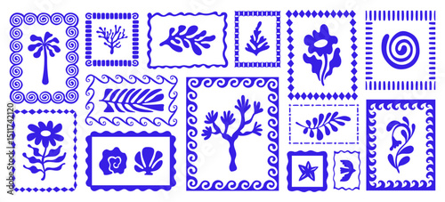 Vector hand drawn graphics, print design templates, summer and vacation theme, tropical illustrations, frames and borders in simple trendy naive cut out style with holiday floral illustrations, patchw