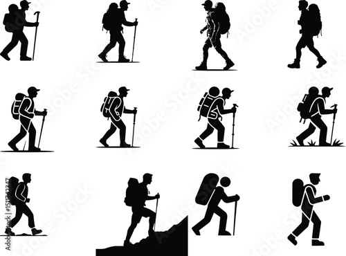 Man with Backpack Hiking Silhouette Set – Adventure Vector Pack Hiker Silhouette Collection – Backpacker Outdoor Graphic Bundle