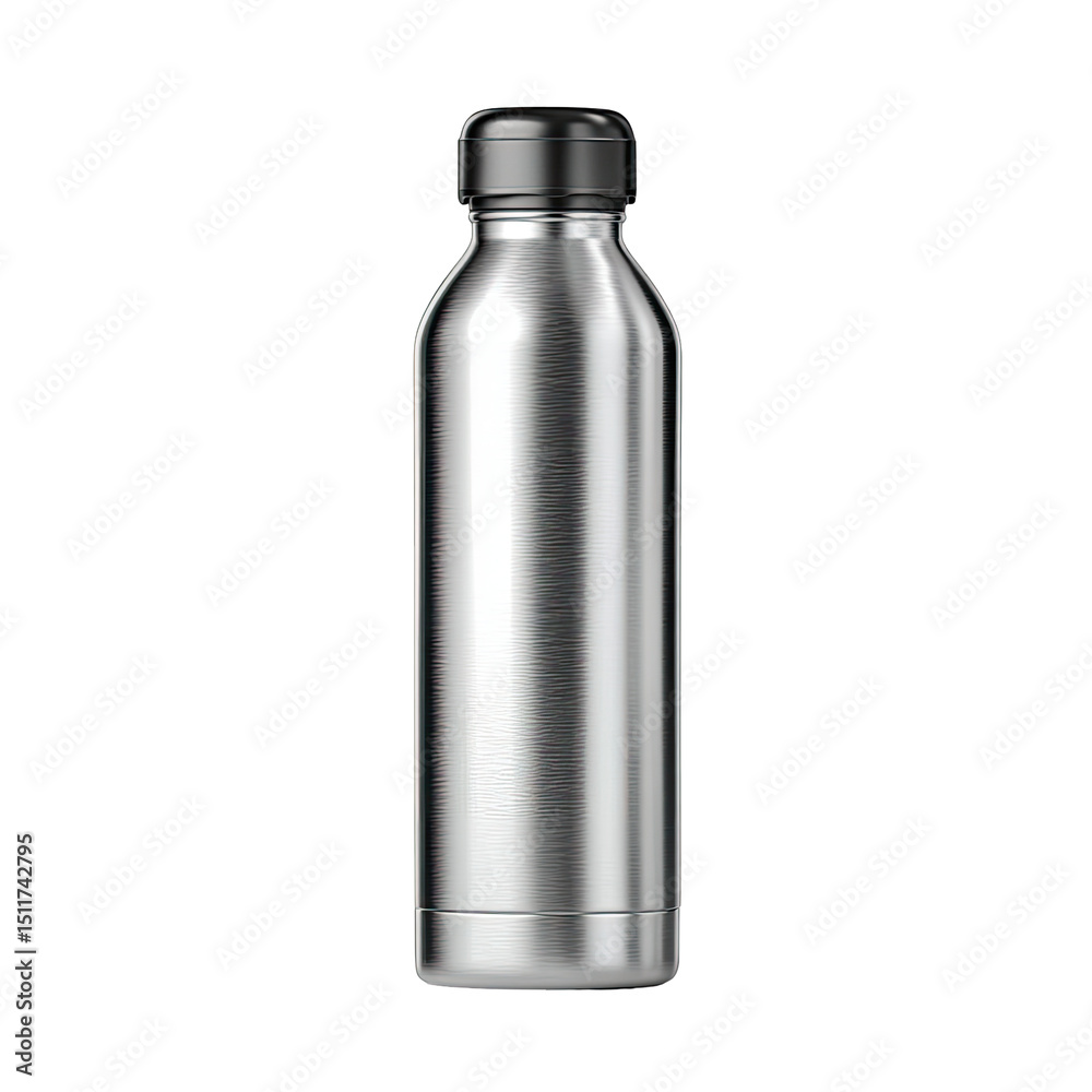 A sleek, silver, stainless steel water bottle with a dark-grey screw-on cap stands against a black background. Its cylindrical body has a slightly curved shoulder A sleek, silver, stainless steel water bottle with a dark-grey screw-on cap stands against a black background. Its cylindrical body has a slightly curved shoulder
