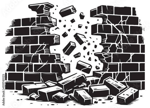 Dramatic Brick Wall Explosion Illustration Symbolizing Breakthrough Impact