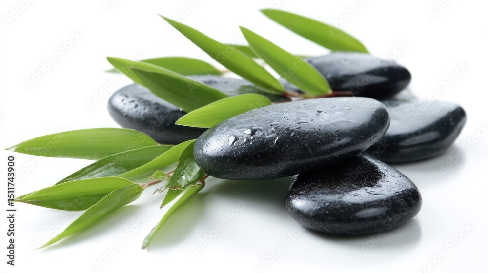 Fototapeta premium Black stones and green leaves are arranged on a white surface.