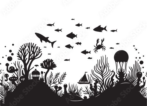 Underwater Silhouette Scene Vector Art Featuring Coral and Marine Life