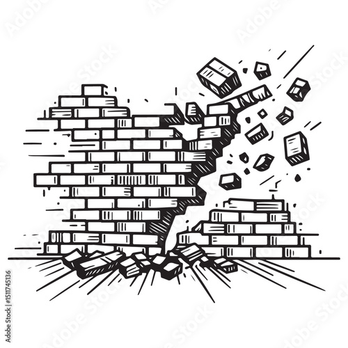 Breaking Brick Wall Vector Illustration Destruction and Chaos