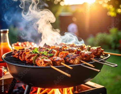 A sizzling close-up of delicious grilled skewers with a spicy sauce, emitting enticing steam from a hot charcoal grill, set against a beautifully blurred outdoor background with warm, golden hour ligh