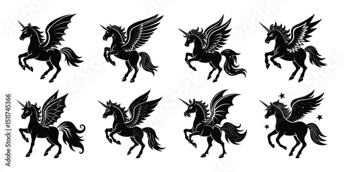 Dynamic unicorn silhouette vector collection with wings and energetic motion for fantasy designs, stickers, T shirts, tattoo and digital artwork.