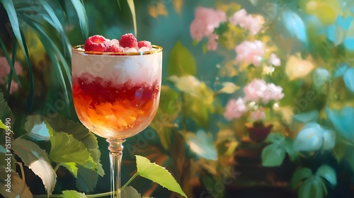 Refreshing raspberry cocktail in a glass surrounded by lush garden foliage