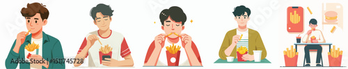 vector of a young man eating french fries