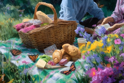 A peaceful picnic scene in a lush blooming meadow  long title A serene outdoor picnic setting with a wicker basket fresh bread and a vibrant array of