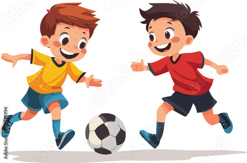 Playful cartoon kids joyfully kick a soccer ball on a field, illustrating the fun and action of the sportl.