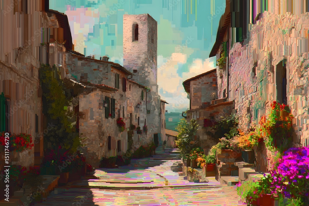 Fototapeta premium Charming old town street with historic architecture and flowers