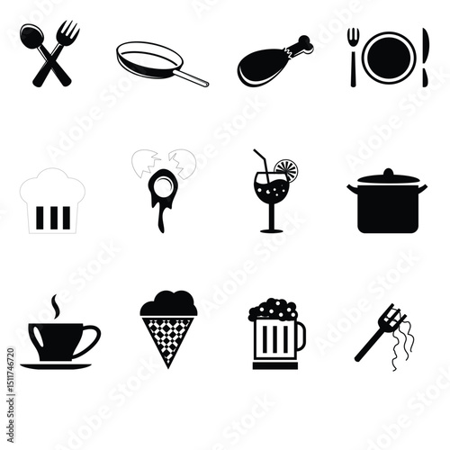 Culinary Collection: A delightful monochromatic ensemble of food and kitchen icons, thoughtfully arranged to celebrate the essence of gastronomy and dining. 