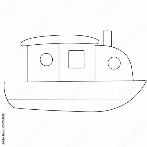 Houseboat coloring page simple and minimal line art illustration on white background 